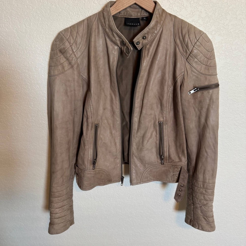 Edgy Grunge Moto Trouve Genuine Leather Jacket XS Taupe‎ Brown